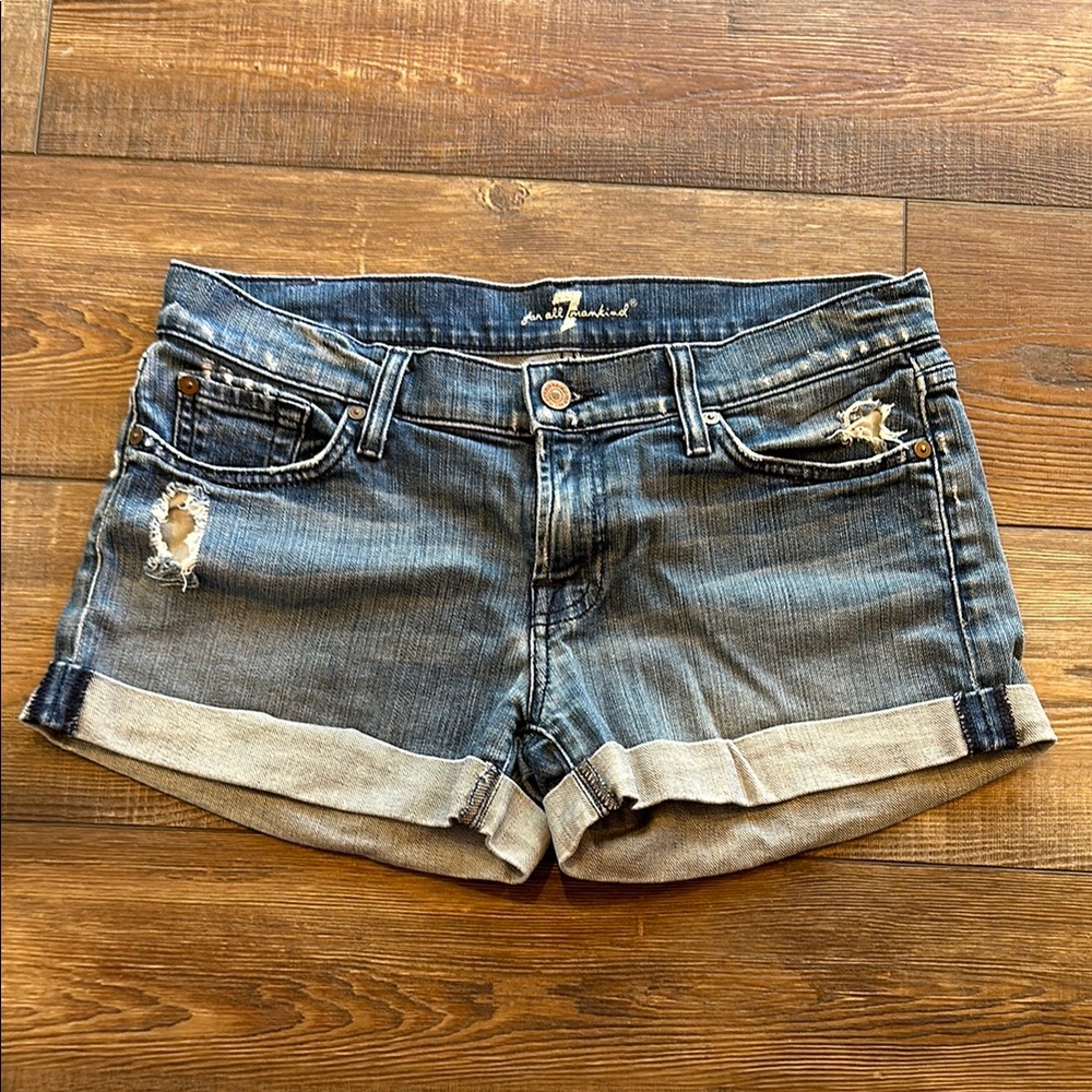 7FAM Distressed Denim Cuffed Women’s Shorts, Size 28